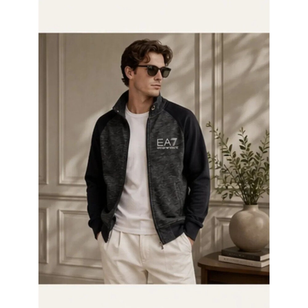 EA7 Emporio Armani Jacket Mens M Charcoal Gray Knit Mock Neck Athleisure Zip